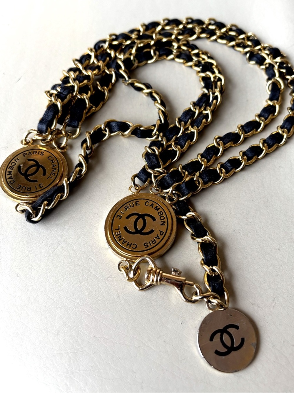 CHANEL Black and Gold Leather-Interwoven Chain Necklace with Medallions